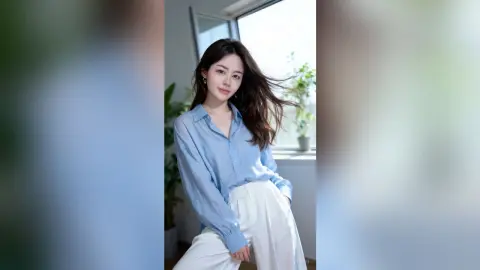 Elegant woman in a light blue button-down shirt and white trousers posing by a bright window.