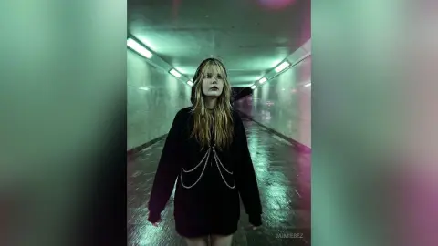 JaimieBez stands in a lit tunnel wearing a black long-sleeved top with silver chain detailing.