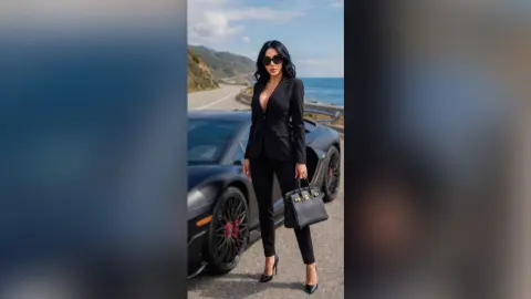 Stylish woman in a black blazer and trousers holding a handbag by a luxury car on a scenic coastal road.