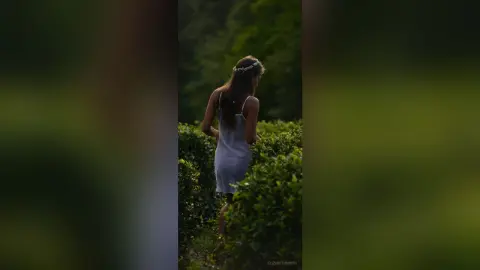 Dreamy woman in a white sundress walking through a lush green garden at sunset.
