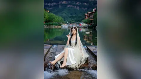 Young woman in elegant white traditional Hanfu dress sitting by a serene mountain lake at sunset.