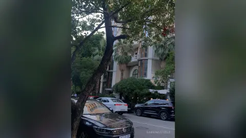Modern white apartment building with lush green trees and parked cars on a quiet urban street.