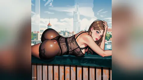 Anime girl in black lace lingerie lounging on a city balcony overlooking a sunny urban skyline.
