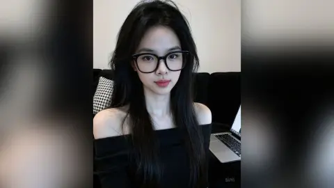 Young woman with long dark hair wearing black glasses and an off-the-shoulder top in a cozy indoor setting.