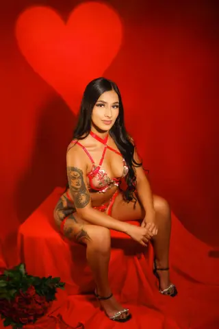 Young woman in red lace lingerie sitting on a red backdrop with a romantic heart shadow and roses.