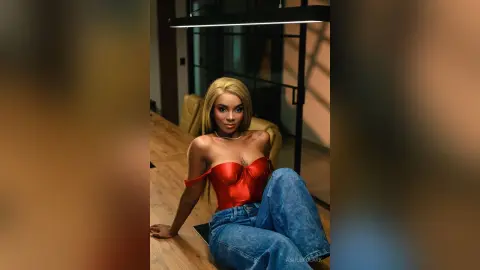 Glamorous blonde woman in a red corset and blue jeans sitting on a wooden floor in a modern dimly lit room.