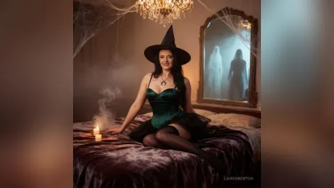 LaurenNewton — LaurenNewton sits on a bed wearing a witch hat and green corset with black stockings.