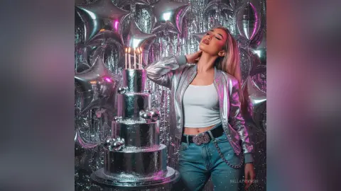 Glamorous woman in silver jacket and jeans posing with a glittery cake against star balloons in moody lighting.