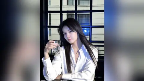 XiaJiaojiao poses in a white button-down shirt, holding a glass of water against a window background.