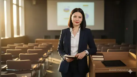Professional businesswoman in a navy blazer and white shirt standing in a bright modern conference room.