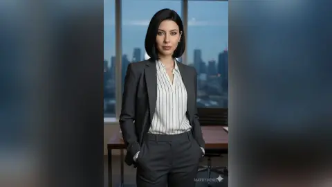 Professional woman in a grey suit and striped shirt standing in a modern office with a city skyline view.