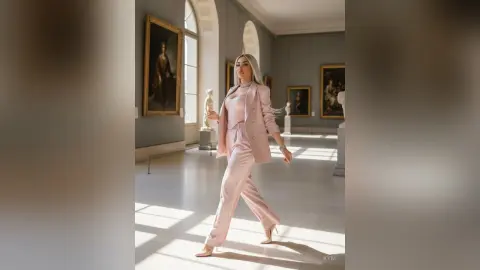 Elegant woman in a pale pink power suit walking through a sunlit classical art museum gallery.