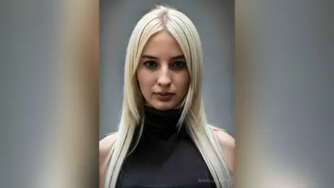 Blonde woman in a black turtleneck top posing with a minimalist aesthetic against a grey background.