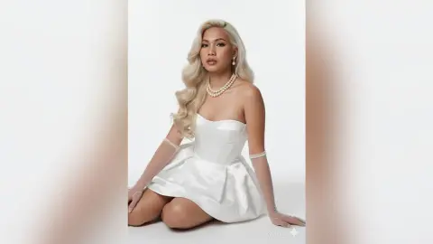 Elegant blonde woman in a white satin cocktail dress and sheer gloves posing against a white studio background.