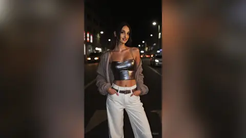 Stylish woman in a metallic silver crop top and white trousers posing on a city street at night.
