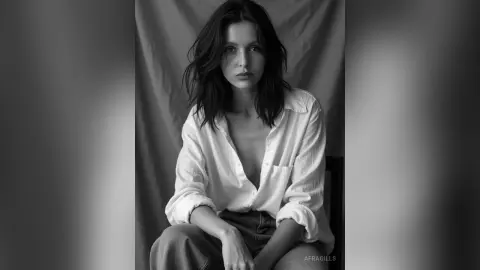 Moody black and white portrait of a woman in a white button-down shirt sitting against a draped fabric backdrop.