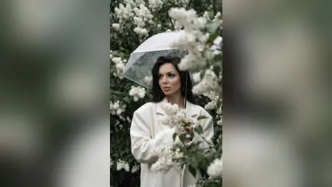 Elegant woman in a white coat holding a clear umbrella amidst blooming white flowers in a dreamy garden setting.