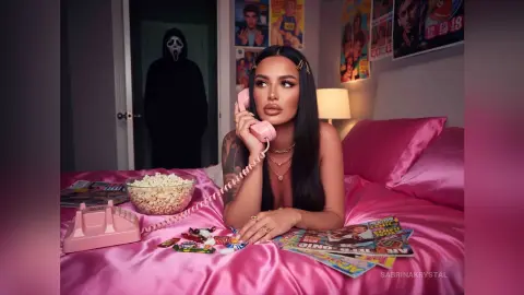 Woman in pink satin pajamas talking on a vintage pink phone in a nostalgic bedroom with popcorn and magazines.