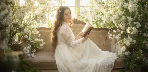 Dreamy woman in a white lace gown reading a book on a vintage sofa surrounded by blooming white flowers.