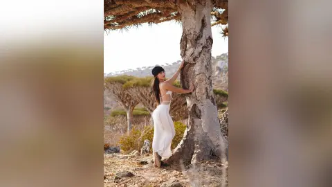 Woman in a white summer dress leaning against a large tree in a sunny, rocky landscape.