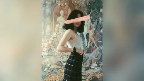 Young woman in a white lace tank top and plaid skirt posing against a vintage floral painting background.