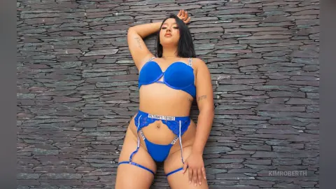KimRoberth poses against a dark stone wall wearing a blue bra and matching garter belt set.