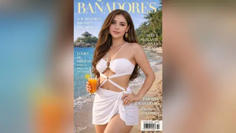 Beautiful woman in a white bikini posing on a sunny tropical beach for a summer fashion magazine cover.