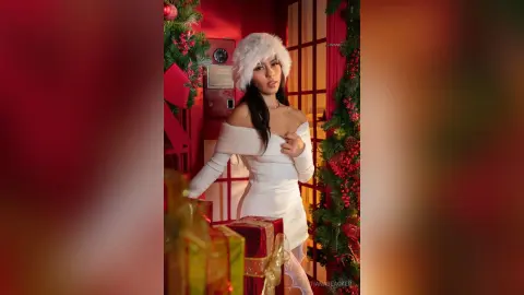 Glamorous woman in a white off-the-shoulder dress and fuzzy hat posing by red Christmas decorations.