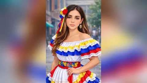 Smiling woman in traditional Colombian folk dress with colorful ruffled sleeves and floral hair accessory.