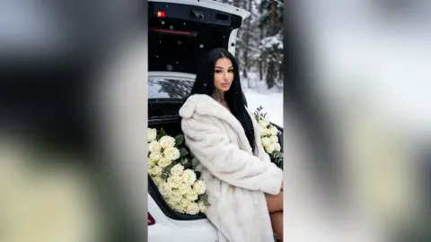 Elegant woman in a white faux fur coat sitting in a car trunk surrounded by white roses in a snowy winter forest.