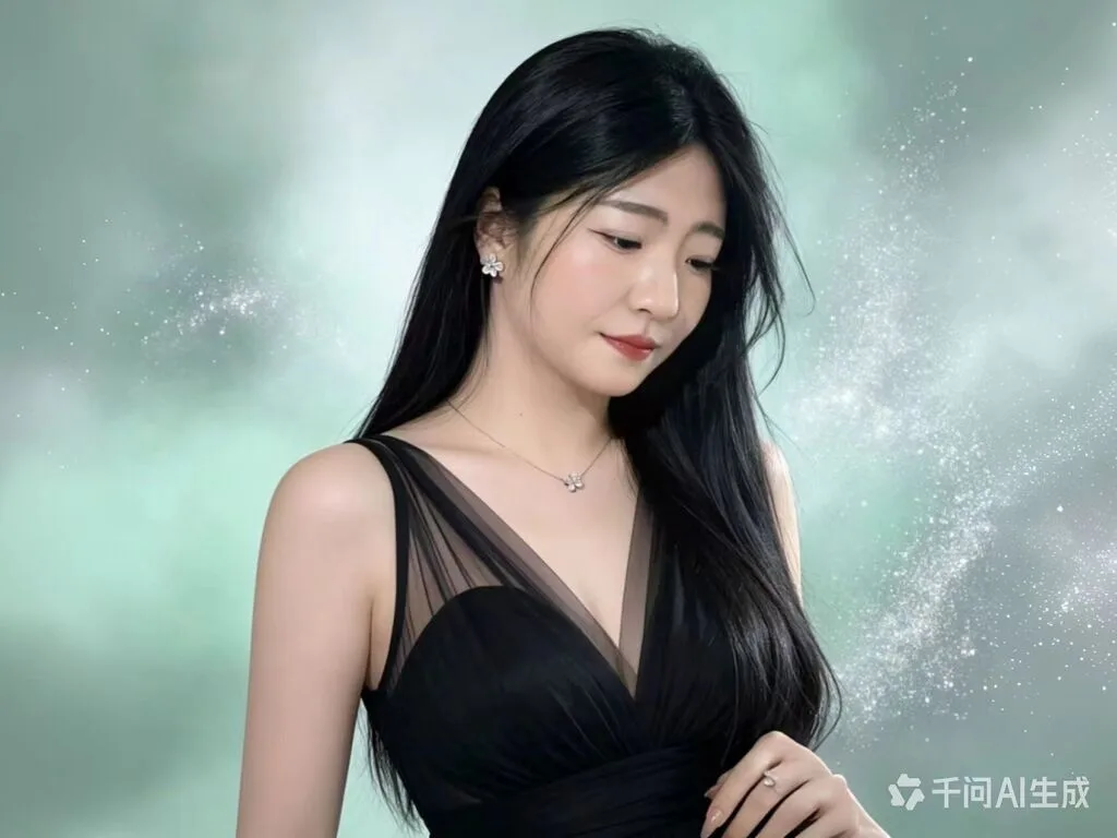 GemmaJin — GemmaJin wears a black sheer dress and a silver necklace while looking down against a misty green background.