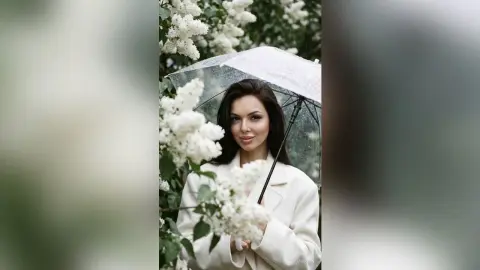 Beautiful woman in a white coat holding a clear umbrella amidst blooming white lilac flowers on a rainy day.
