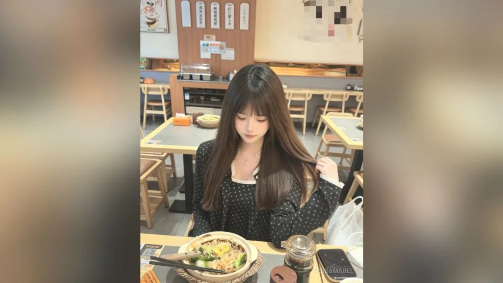 TessaMabel — TessaMabel sits at a restaurant table with long brown hair, wearing a black polka dot shirt.