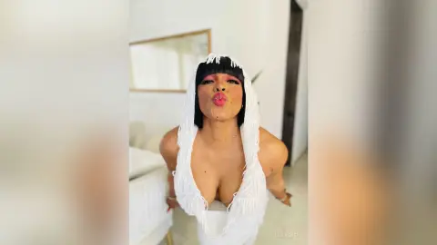 Cheerful woman in a white fringed halter top making a kissy face in a bright, modern room.