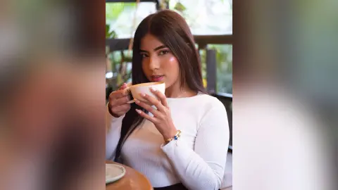 Young woman in a white long-sleeve shirt enjoying coffee in a bright, leafy cafe setting.