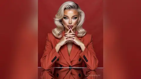 Glamorous blonde woman in a red blazer posing with hands clasped against a deep red studio background.