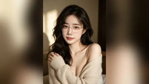 Young woman with long wavy hair wearing glasses and an off-the-shoulder cream sweater in soft sunlight.