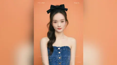 Elegant woman in a blue denim strapless top with a large black hair bow against an orange background.