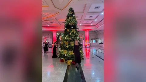 Elegant woman in a black evening dress standing by a large decorated Christmas tree in a luxury hotel lobby.