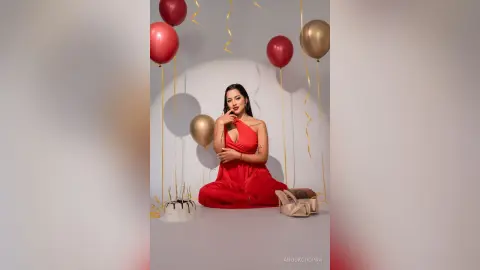 Elegant woman in a red evening gown sitting amidst red and gold balloons for a festive celebration mood.