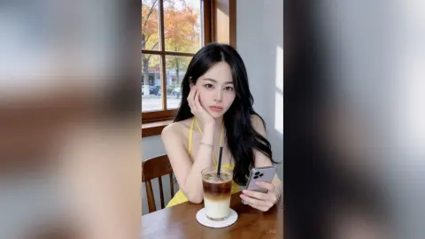 Young woman in a yellow halter top sitting at a cafe table with iced coffee, looking thoughtful by a window.