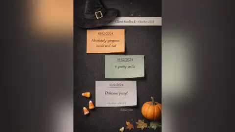 Halloween themed client feedback notes with a witch hat, pumpkin, and candy corn on a dark autumn background.