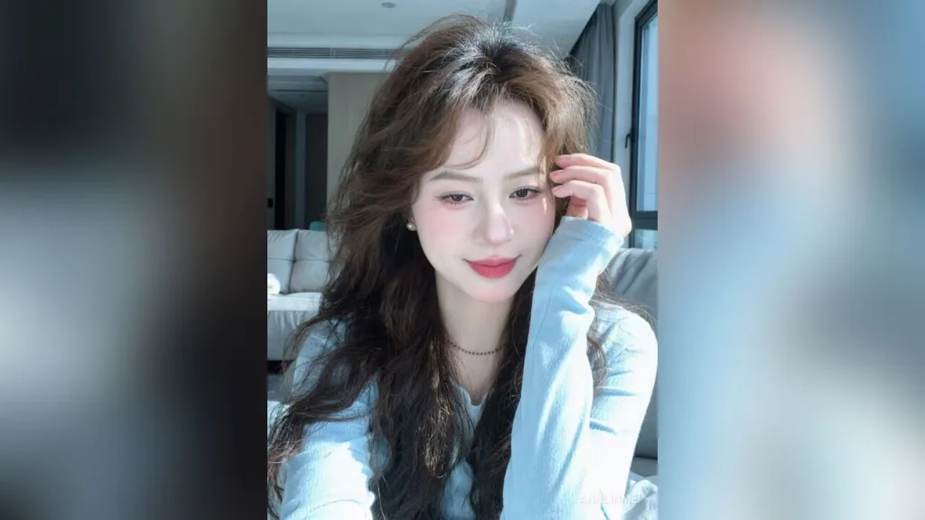 AnnLinMei — AnnLinMei with long wavy brown hair poses in a light blue long-sleeve shirt while sitting on a sofa.