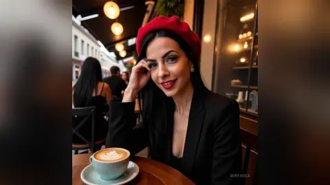 Elegant woman in a black blazer and red beret enjoying coffee at a cozy cafe.