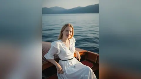 Blonde woman in a white flowing dress sitting on a boat by a calm lake at sunset.