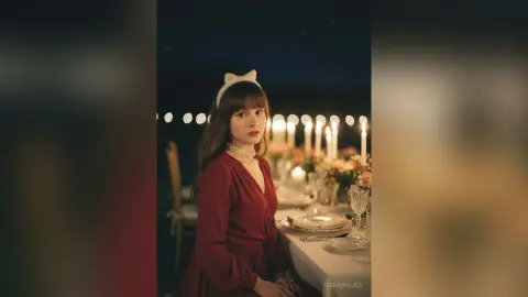 Young woman in a red dress and cat ears at a romantic candlelit dinner setting with a dreamy mood.