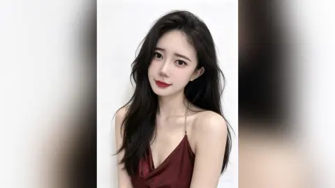 YiyiChen poses with long dark hair wearing a low-cut maroon silk camisole against a plain white background.