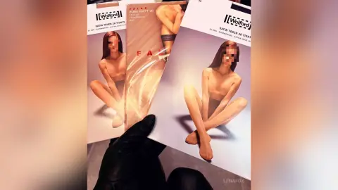 Packaging for Wolford Pure Matt 20 denier sheer tights featuring a model in a minimalist studio setting.