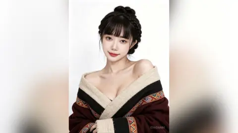 Beautiful young woman in elegant traditional dark burgundy and cream patterned robe against a white background.