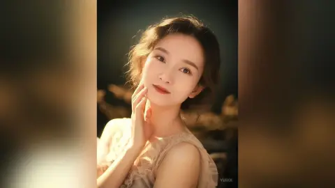 Elegant woman in a lace dress posing with soft, warm lighting in a dreamy outdoor setting.